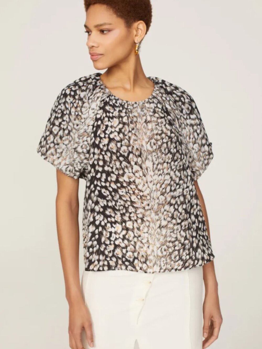 Tanya Taylor 'Jordan' Brown and Cream Leopard Printed Puff-Sleeve Blouse Size XS